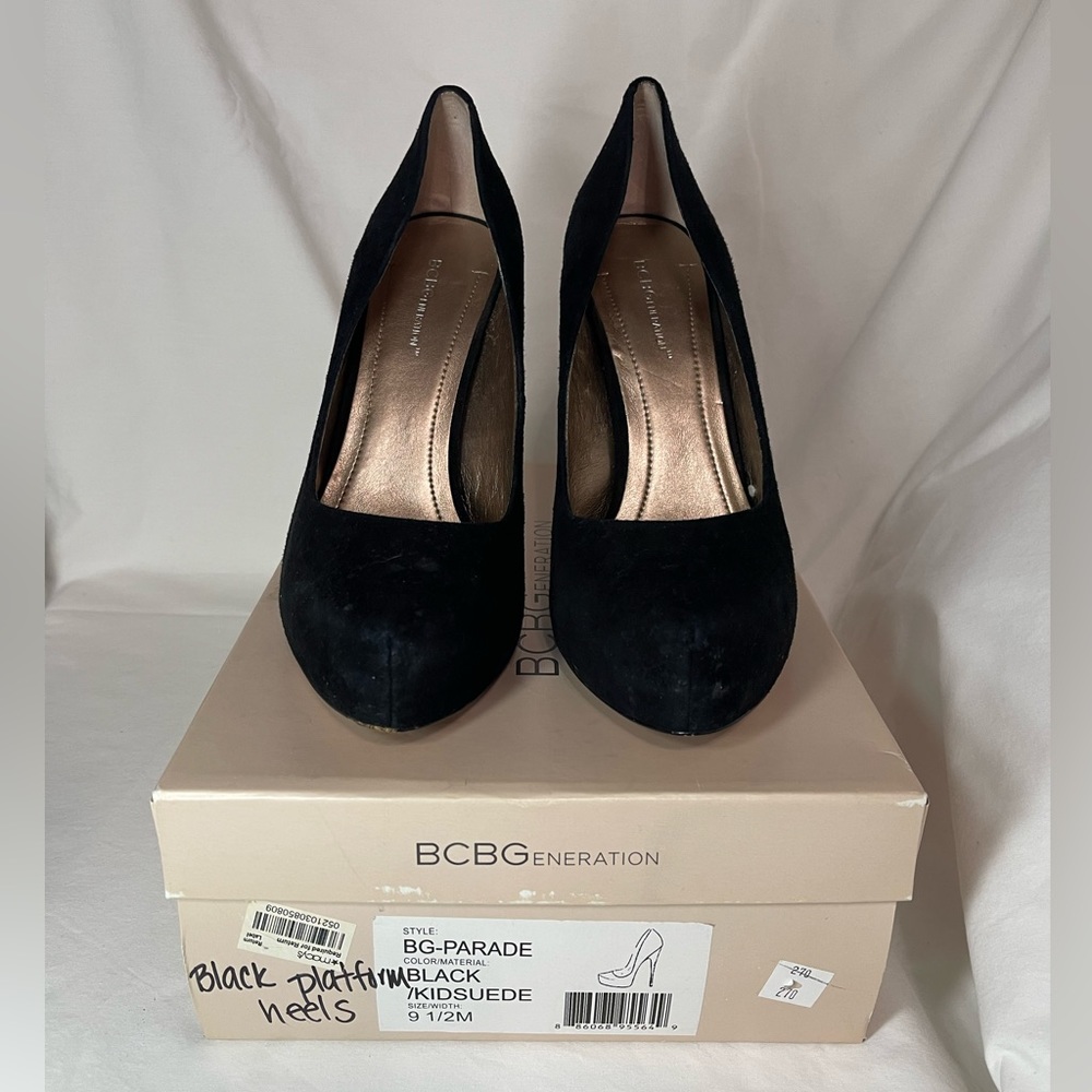 BCBG Black Suede Platform Parade Heels - Size 9.5